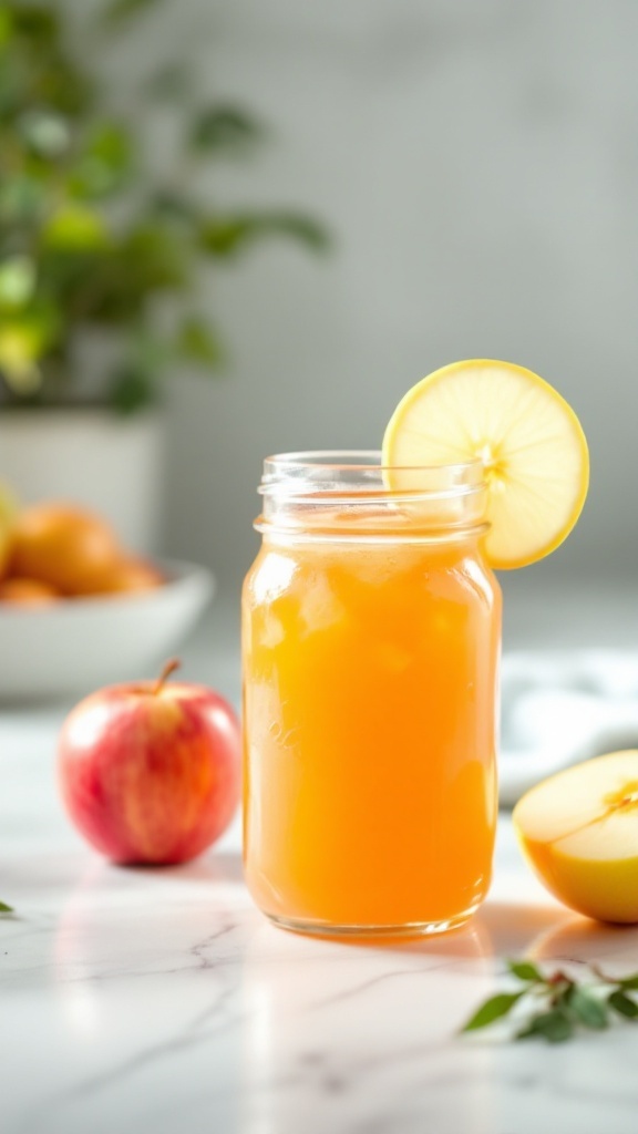 A jar of apple pear lemon boost juice with a lemon slice on top, surrounded by fresh apples.