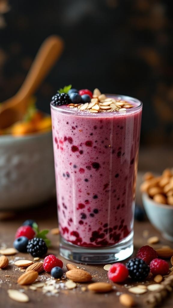A glass of Autumn Berry Almond Smoothie topped with berries and almonds.