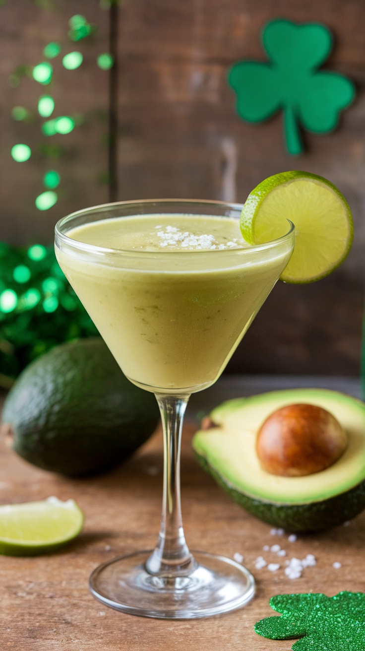 A green Avocado Lime Mocktail garnished with a lime slice, surrounded by avocados and festive decorations.