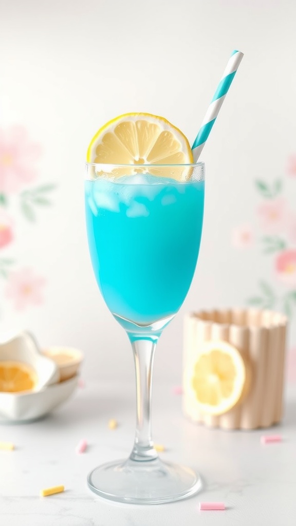 A bright blue mocktail garnished with lemon slices and a striped straw.