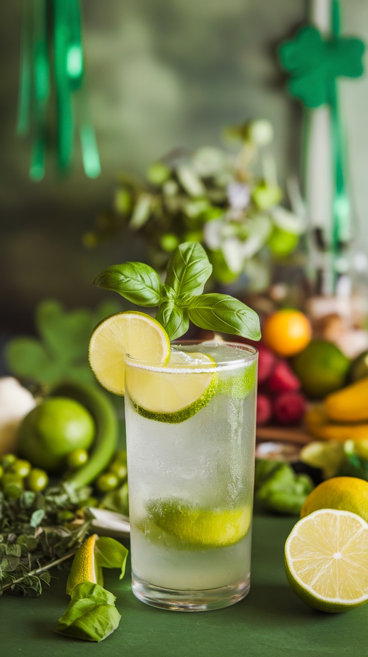 A refreshing basil lime mocktail with lime slices and basil leaves, set against a festive background.