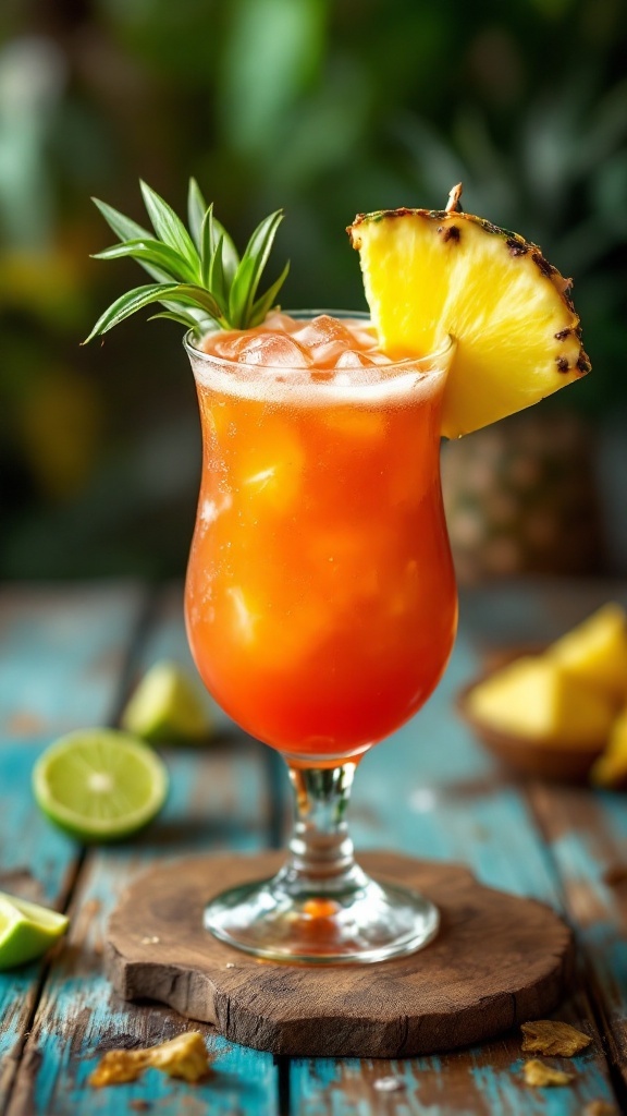 A vibrant bayou breeze mocktail in a glass, garnished with a slice of pineapple.