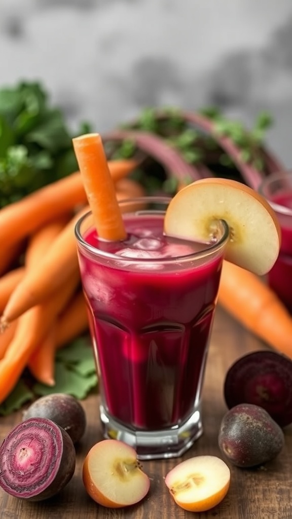 A glass of vibrant beet-carrot-apple juice with a carrot stick and apple slice, surrounded by fresh carrots and beets.