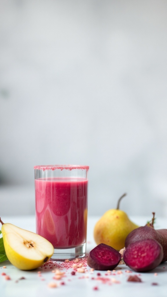 A glass of beet and pear juice with sliced fruits around it