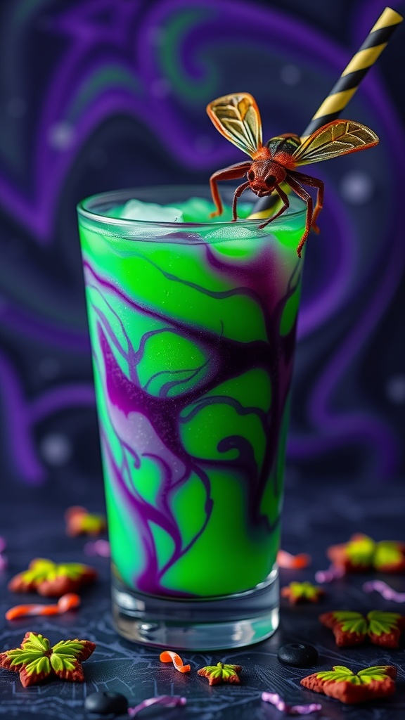 A colorful Beetlejuice mocktail with green and purple swirls, topped with a decorative insect.