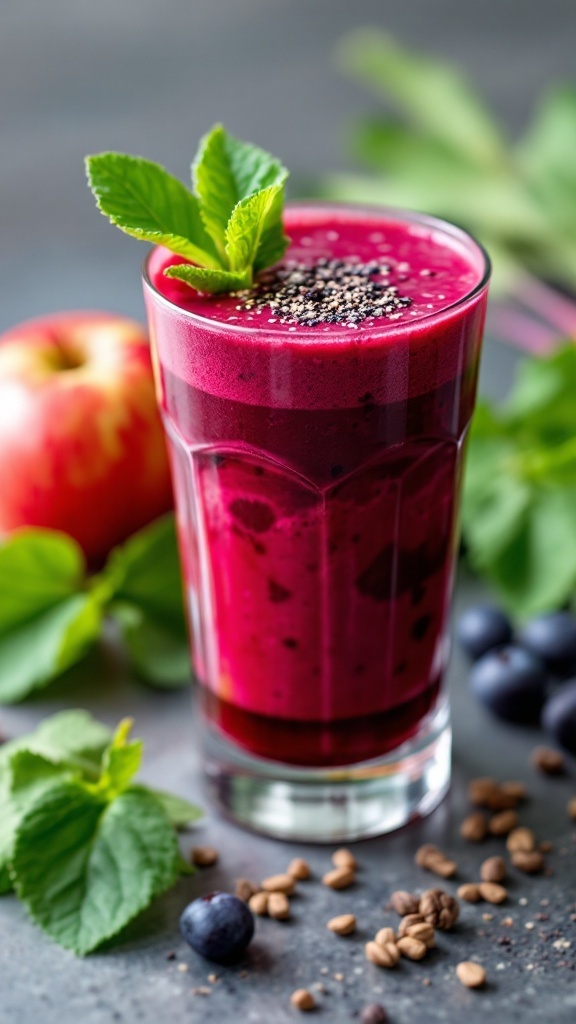 A glass of beetroot and apple juice garnished with mint leaves, surrounded by fresh apples and blueberries.