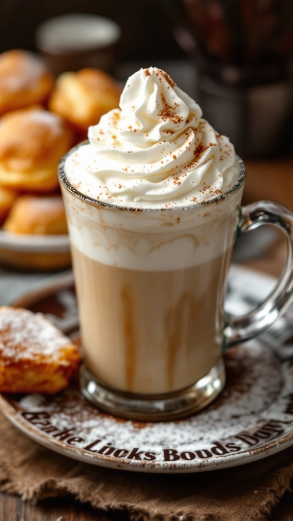 A creamy mocktail topped with whipped cream and a sprinkle of spice, next to fresh beignets.