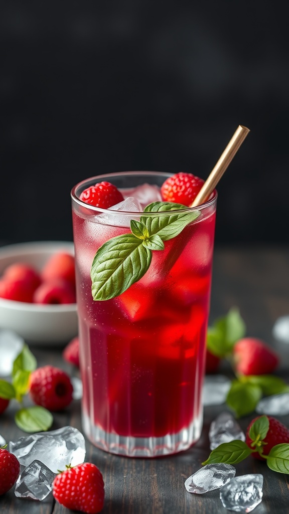 A refreshing berry basil mocktail with raspberries and basil leaves