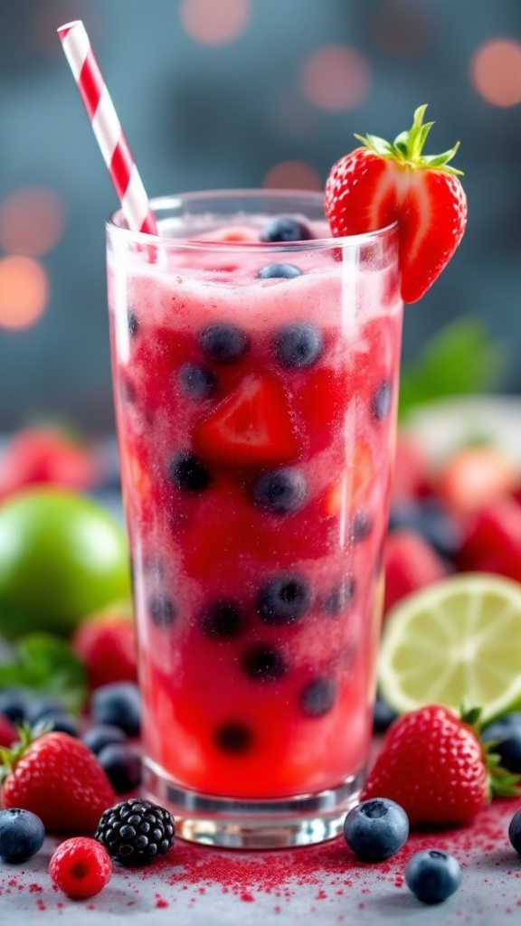 A colorful Berry Fusion Mocktail with strawberries and blueberries, garnished with a straw.
