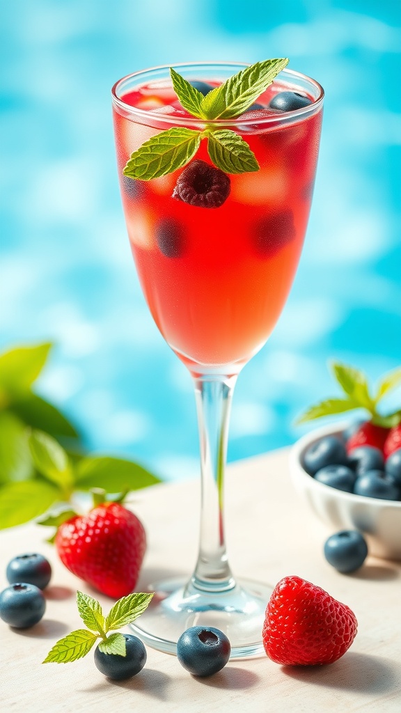 A vibrant Berry Hibiscus Cooler mocktail garnished with mint leaves, surrounded by fresh berries.
