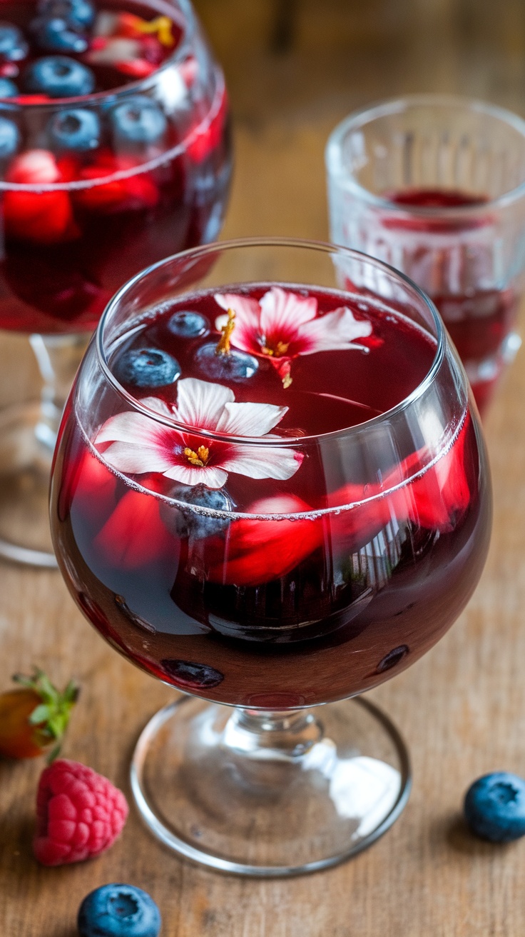 A vibrant Berry Hibiscus Punch Mocktail with berries and flowers on top.