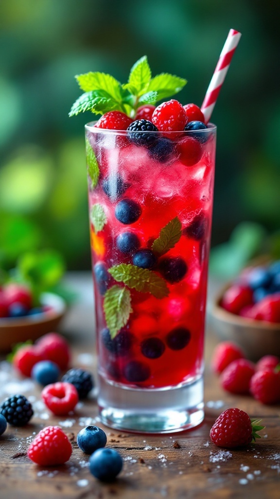 A refreshing Berry Smash Mocktail with berries and mint in a glass.