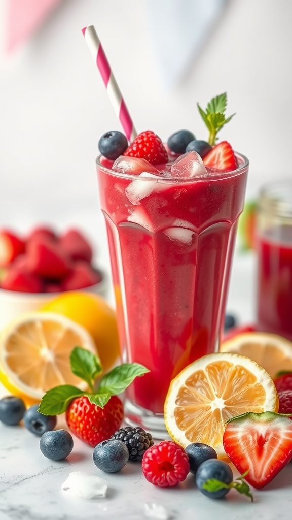 A vibrant mocktail made with mixed berries and lemon, served in a glass with a striped straw, surrounded by fresh fruits.