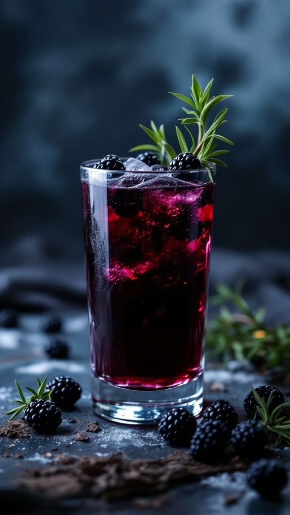 Berry Voodoo Mocktail in a glass with blackberries and herbs