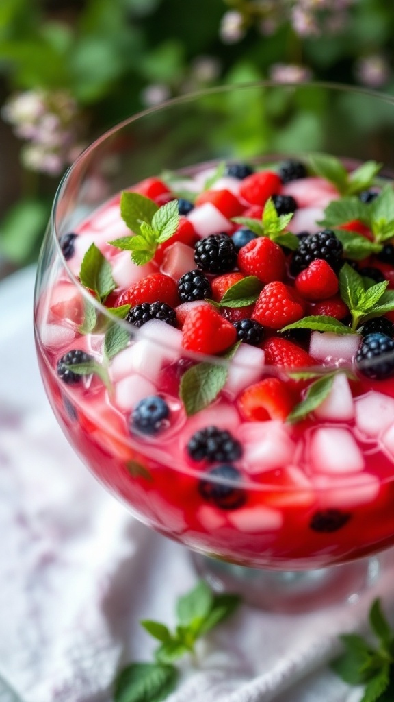 A vibrant bowl of Berry Wedding Punch Mocktail filled with strawberries, blackberries, and mint leaves.