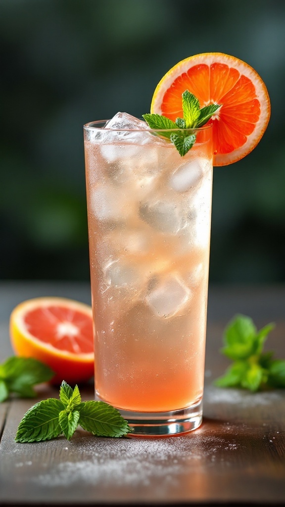 A refreshing Big Easy Grapefruit Mocktail garnished with a slice of grapefruit and mint leaves.