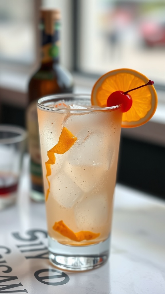 A refreshing Bitters & Soda Mocktail garnished with orange and cherry.