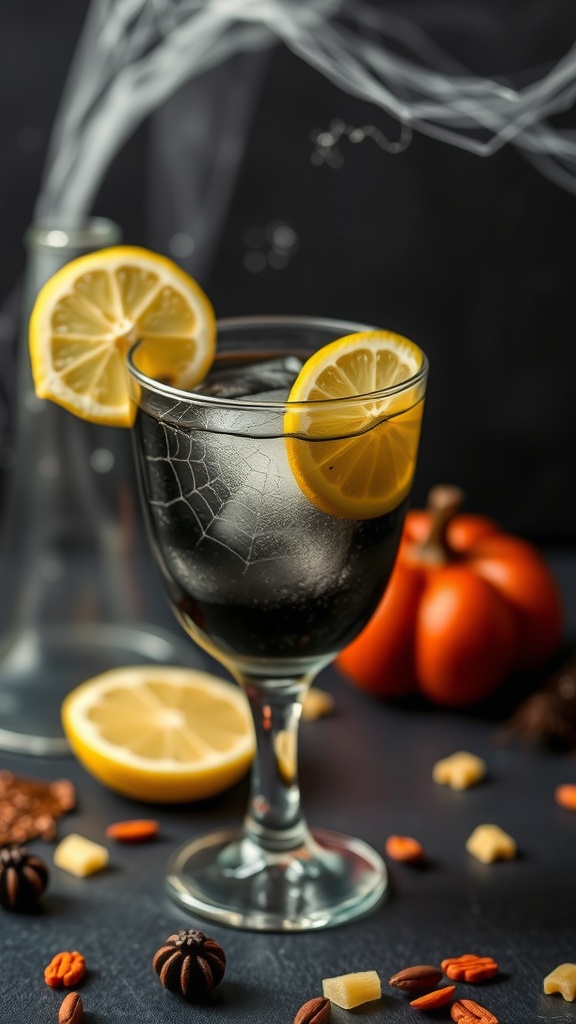 A glass of black lemonade mocktail garnished with lemon slices, surrounded by Halloween-themed decorations.