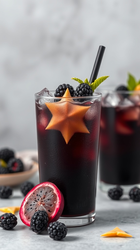 A Black Magic Mocktail garnished with fruit and ice.