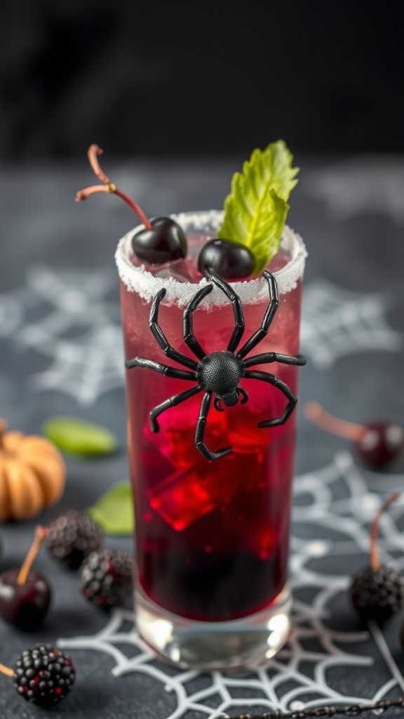 A Black Widow Mocktail garnished with a spider and cherries.