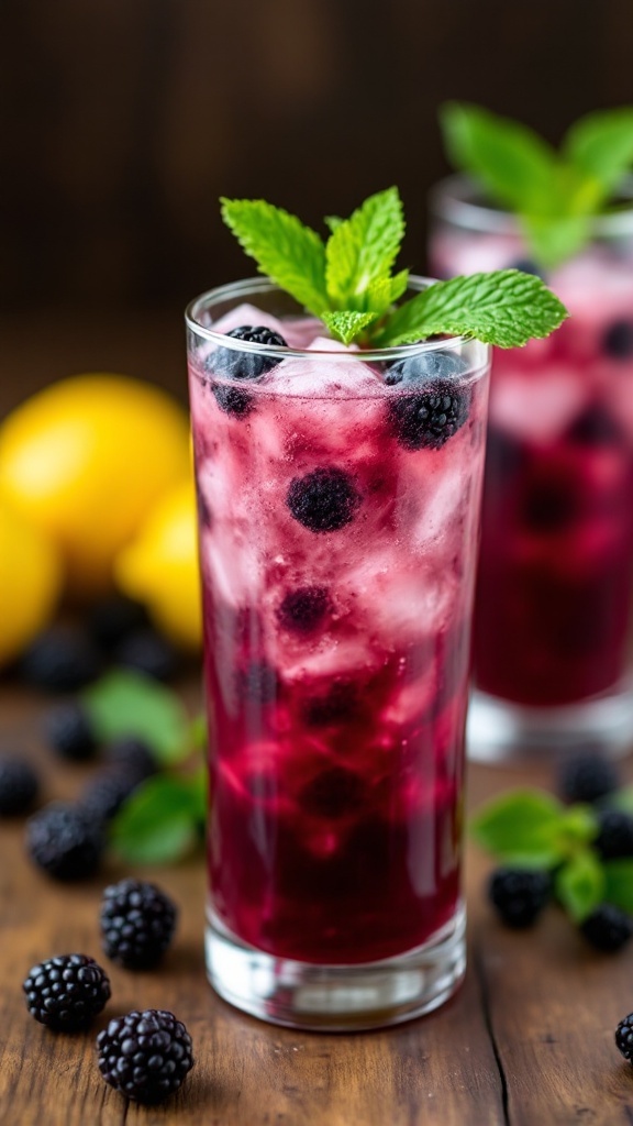 A refreshing Blackberry Lemon Derby Mocktail served in a tall glass with mint leaves and blackberries.