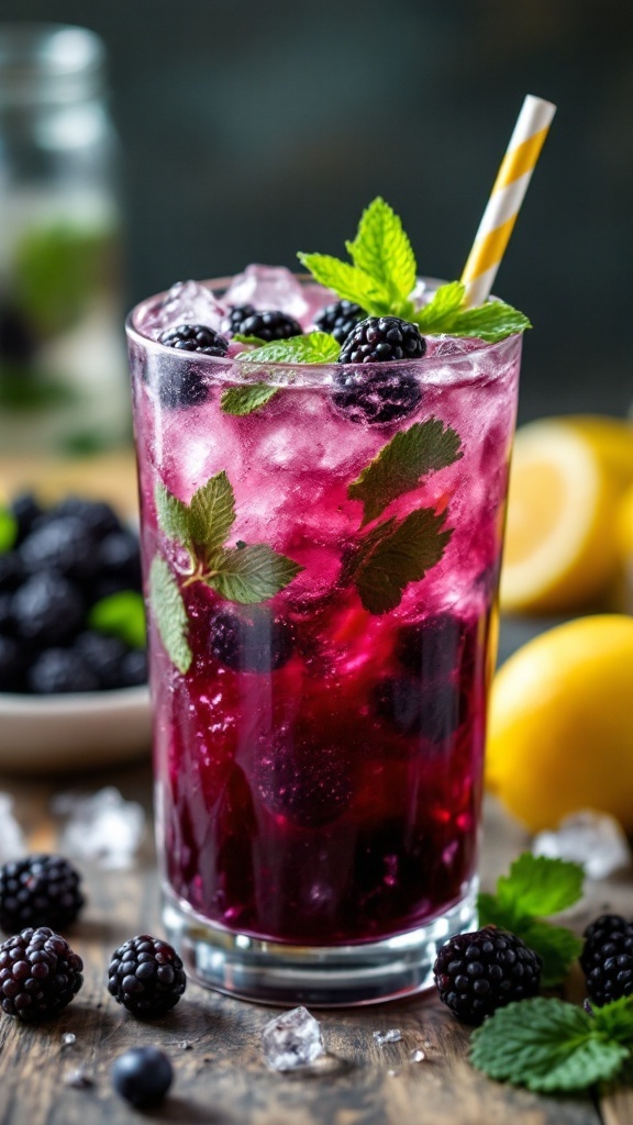 A refreshing Blackberry Mint Julep Mocktail with ice, mint leaves, and blackberries.
