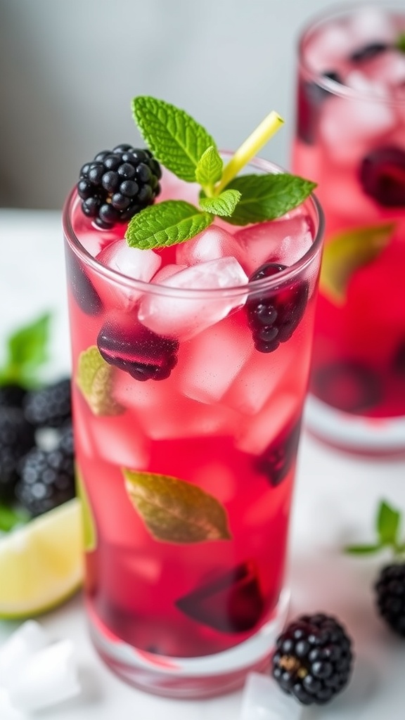 A refreshing blackberry mint mojito mocktail with mint leaves and blackberries.