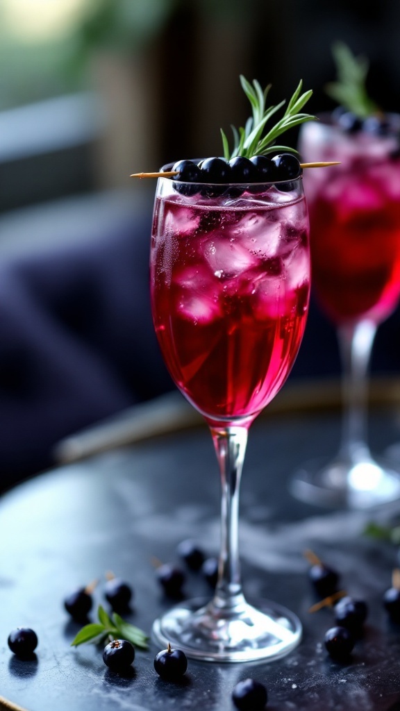 A vibrant Blackcurrant Sparkler Mocktail garnished with berries and herbs.