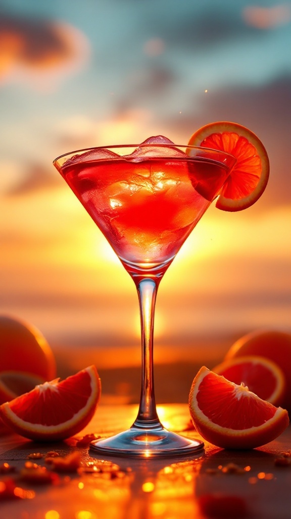 A blood orange agave mocktail in a glass with ice and a slice of orange on the rim, surrounded by fresh blood orange slices.