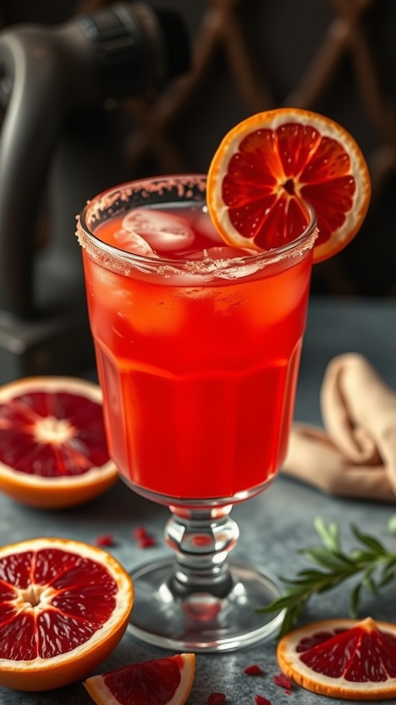 A vibrant Blood Orange Mocktail garnished with a slice of blood orange.