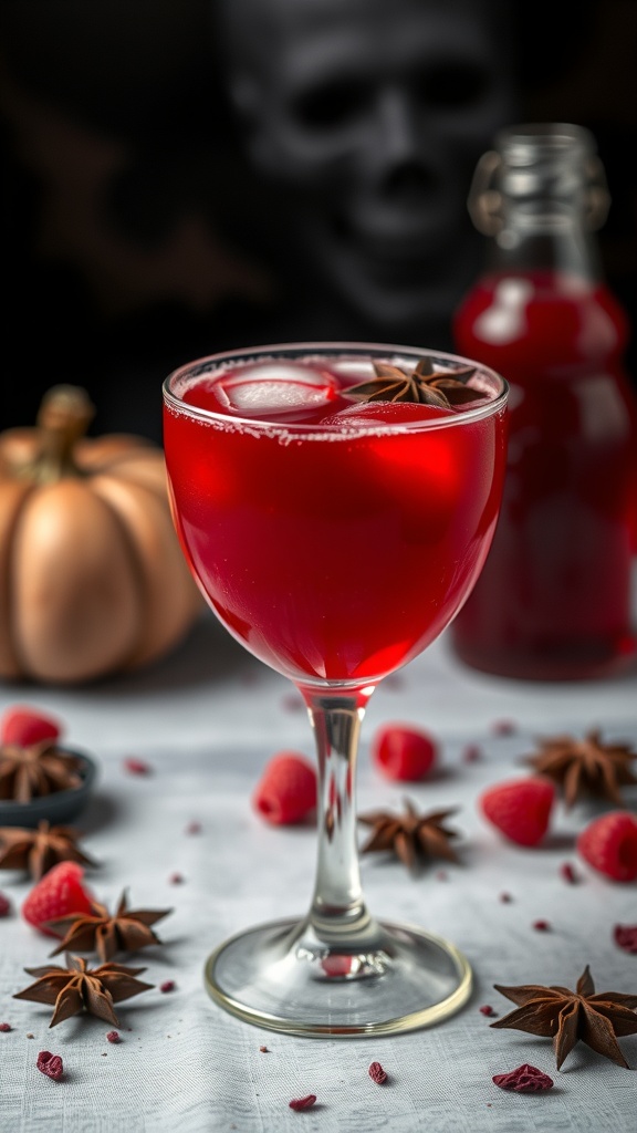 A Blood Red Velvet Mocktail garnished with star anise and surrounded by raspberries and a pumpkin.