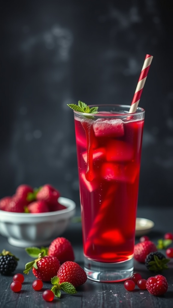 A vibrant Bloody Berry Mocktail in a glass with a striped straw, surrounded by fresh berries.