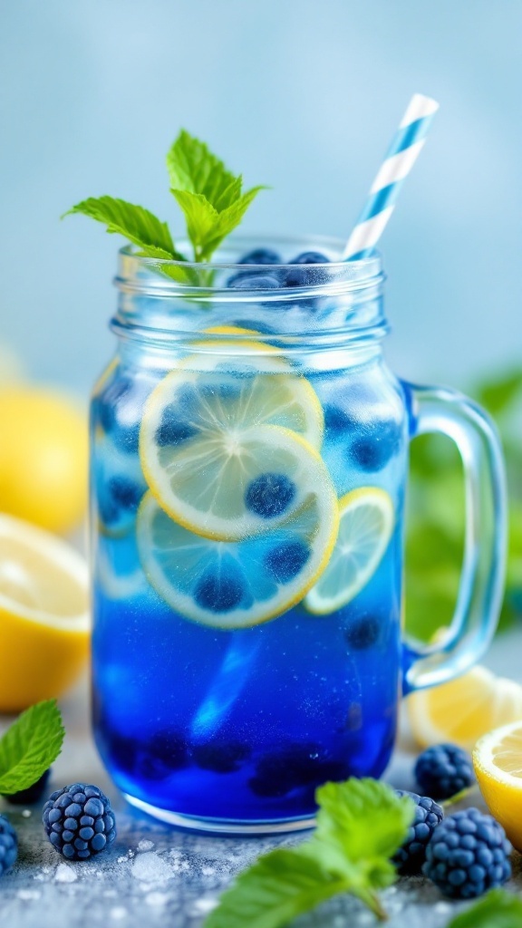 A refreshing blue raspberry lemonade mocktail with lemon slices and mint leaves