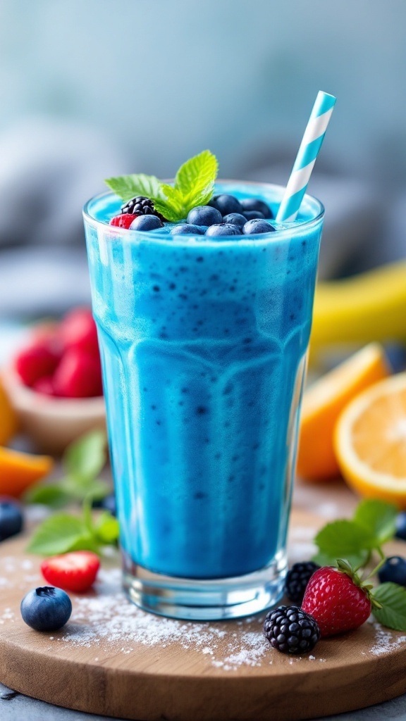 A refreshing blue raspberry mocktail with berries and mint garnish.