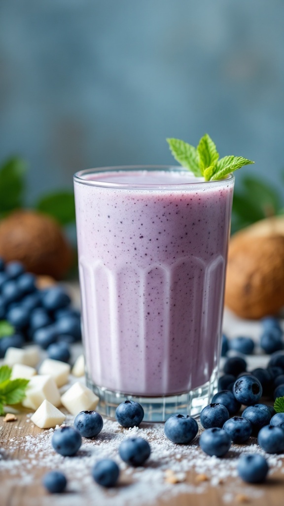A glass of blueberry coconut mocktail surrounded by fresh blueberries and coconut pieces.