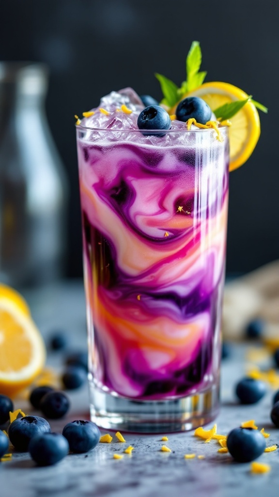 A colorful Blueberry Lemon Swirl Mocktail in a tall glass, garnished with blueberries and a slice of lemon.