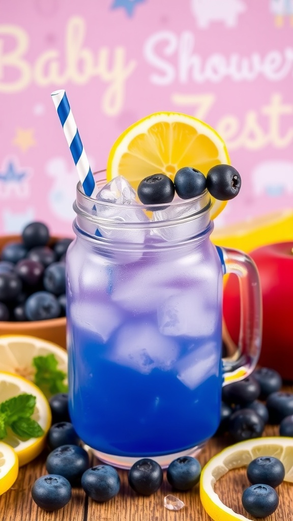 A refreshing blueberry lemon zest mocktail served in a glass with blueberries and lemon slices.