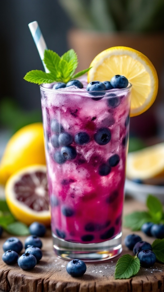 A refreshing blueberry lemonade mocktail with blueberries and lemon slices