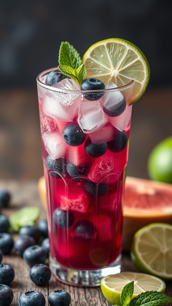 A refreshing Blueberry Lime Sparkler Mocktail garnished with lime and mint.