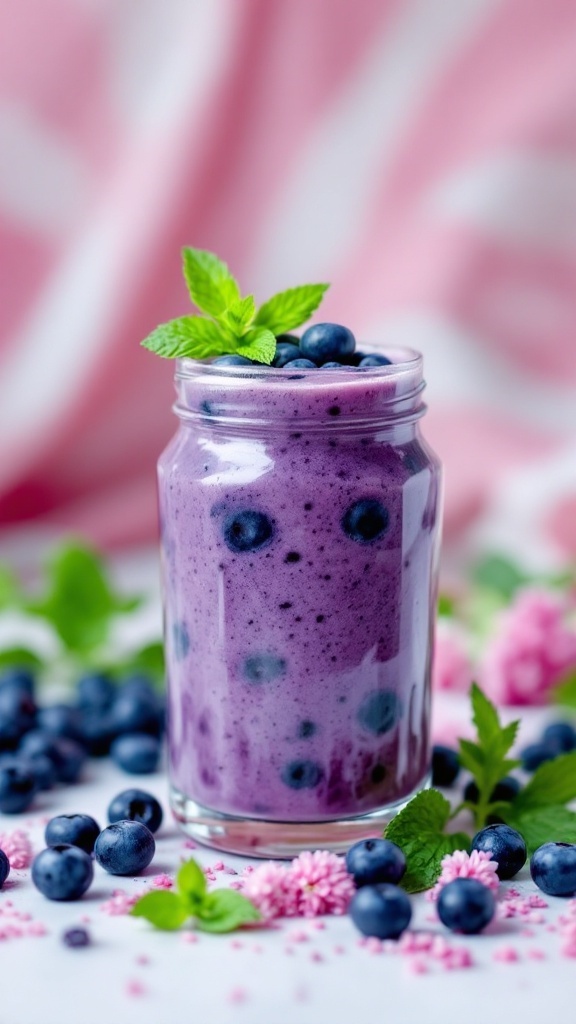 A refreshing blueberry mint cooler mocktail in a jar, surrounded by blueberries and mint leaves.