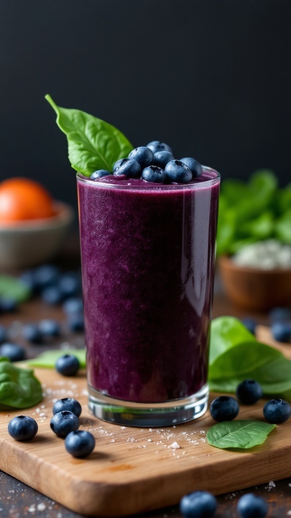 A glass of blueberry spinach juice topped with fresh blueberries and a basil leaf.