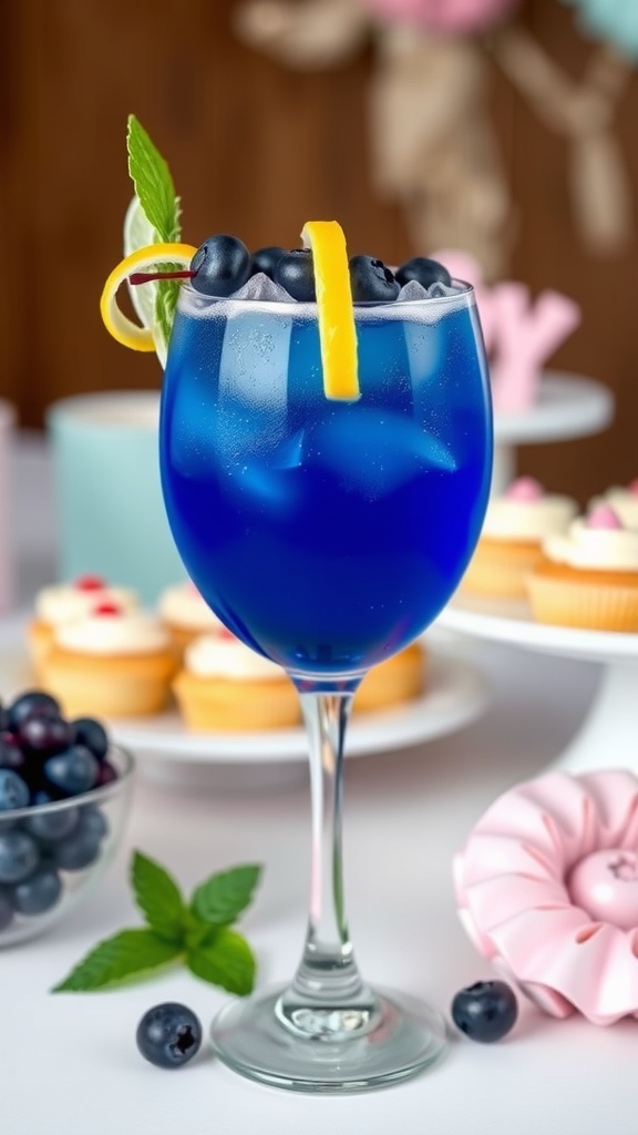 A refreshing Blueberry Stork Mocktail with blueberries and a lemon twist, served in a glass.