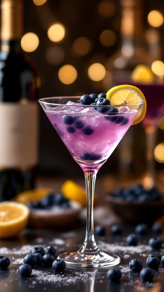 A refreshing Blueberry Virgin Martini mocktail with blueberries and lemon on a festive background.