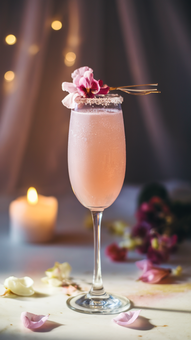 A pink mocktail with a floral garnish and sugar rim in a glass, on a table with fairy lights in the background.