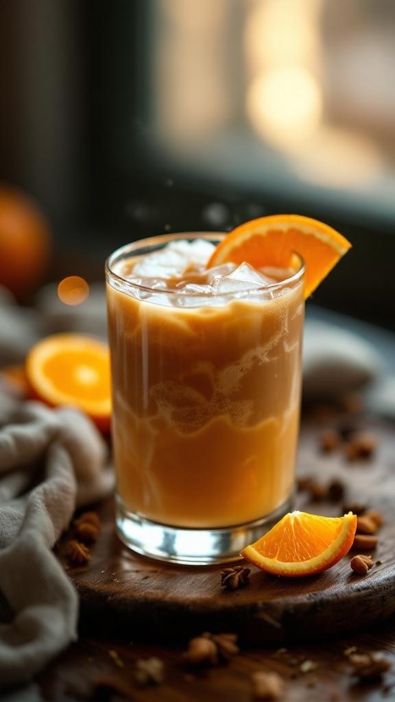 A delicious brown sugar bourbon mocktail with an orange slice on the rim