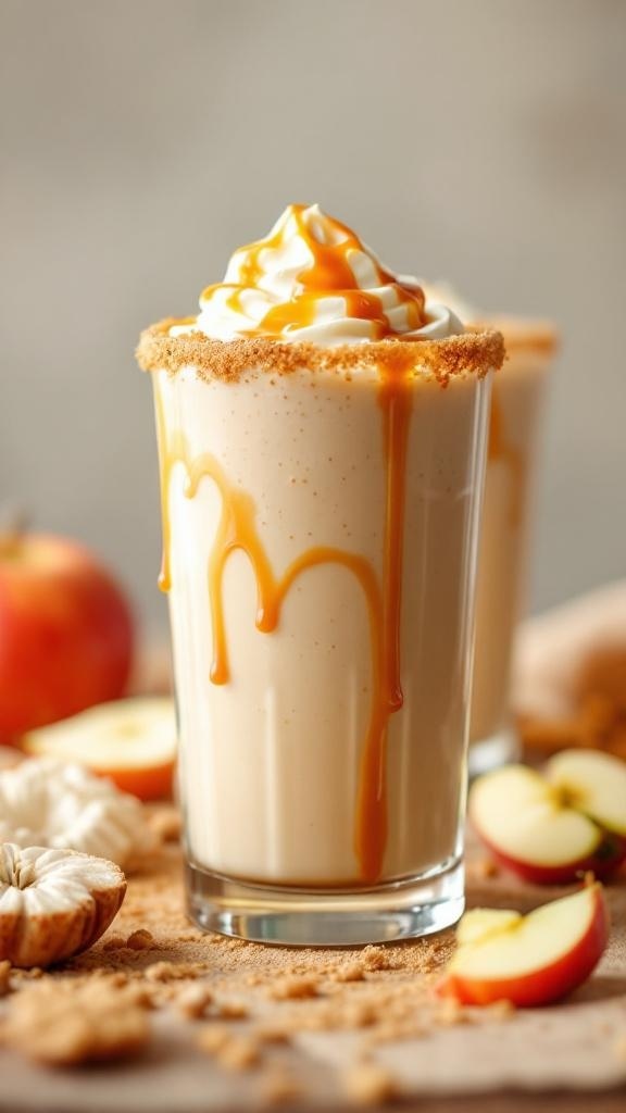 A creamy Brown Sugar Caramel Apple Smoothie topped with whipped cream and caramel drizzle.