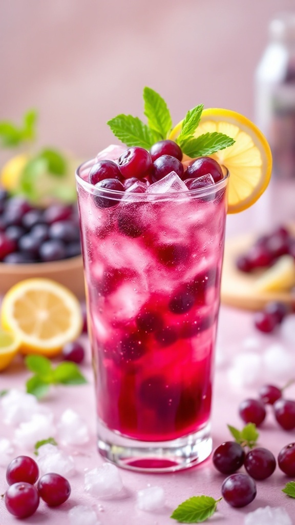 A refreshing grape mocktail with ice, mint, and lemon garnish.