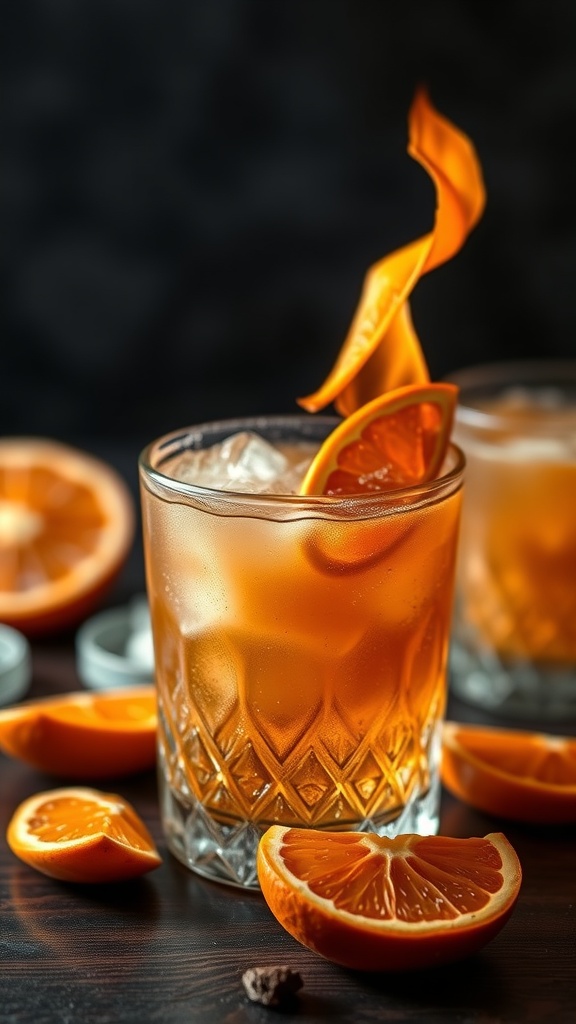 A glass of Burnt Citrus Smash Mocktail with burnt orange peel and citrus slices.