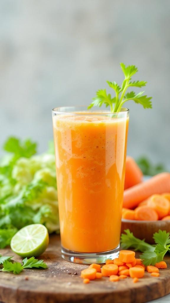 A glass of orange juice made from cabbage, carrot, and celery with fresh vegetables in the background.