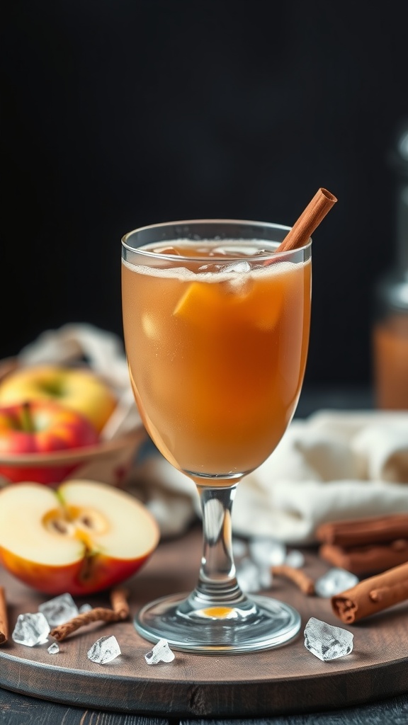 Candy Apple Crush Mocktail in a glass with a cinnamon stick and apples around it